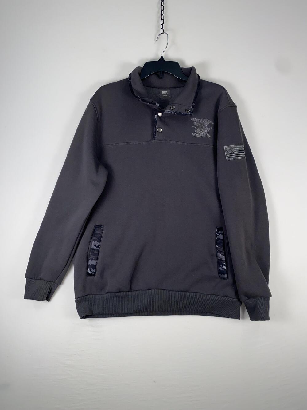 NRA Sweatshirt Mens Large Gray Mock Neck Snap Fleece Flag Eagle Pullover